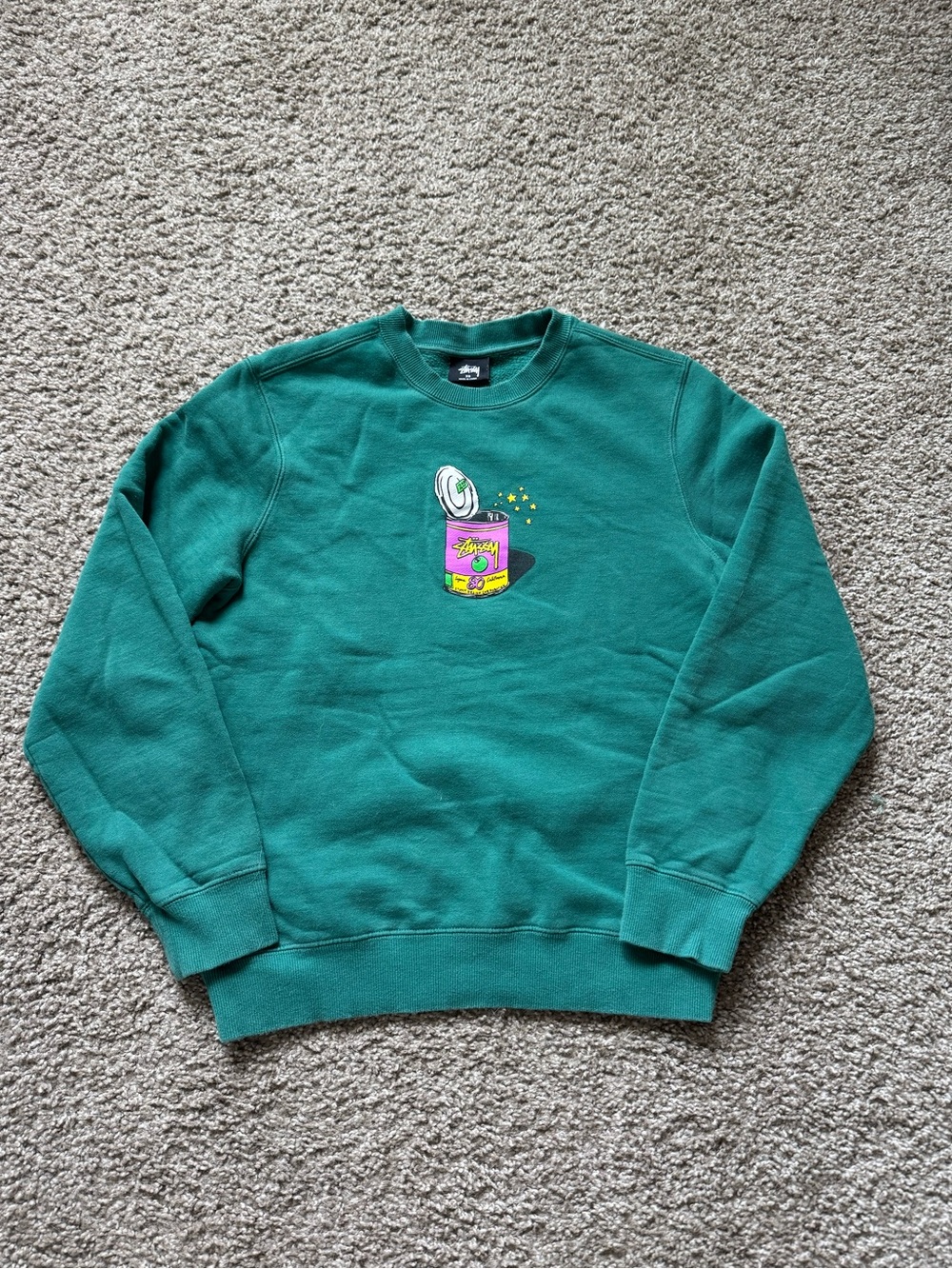 Stussy pop top can 25cents Logo Crew Neck Pullover Sweatshirt Size XS green
